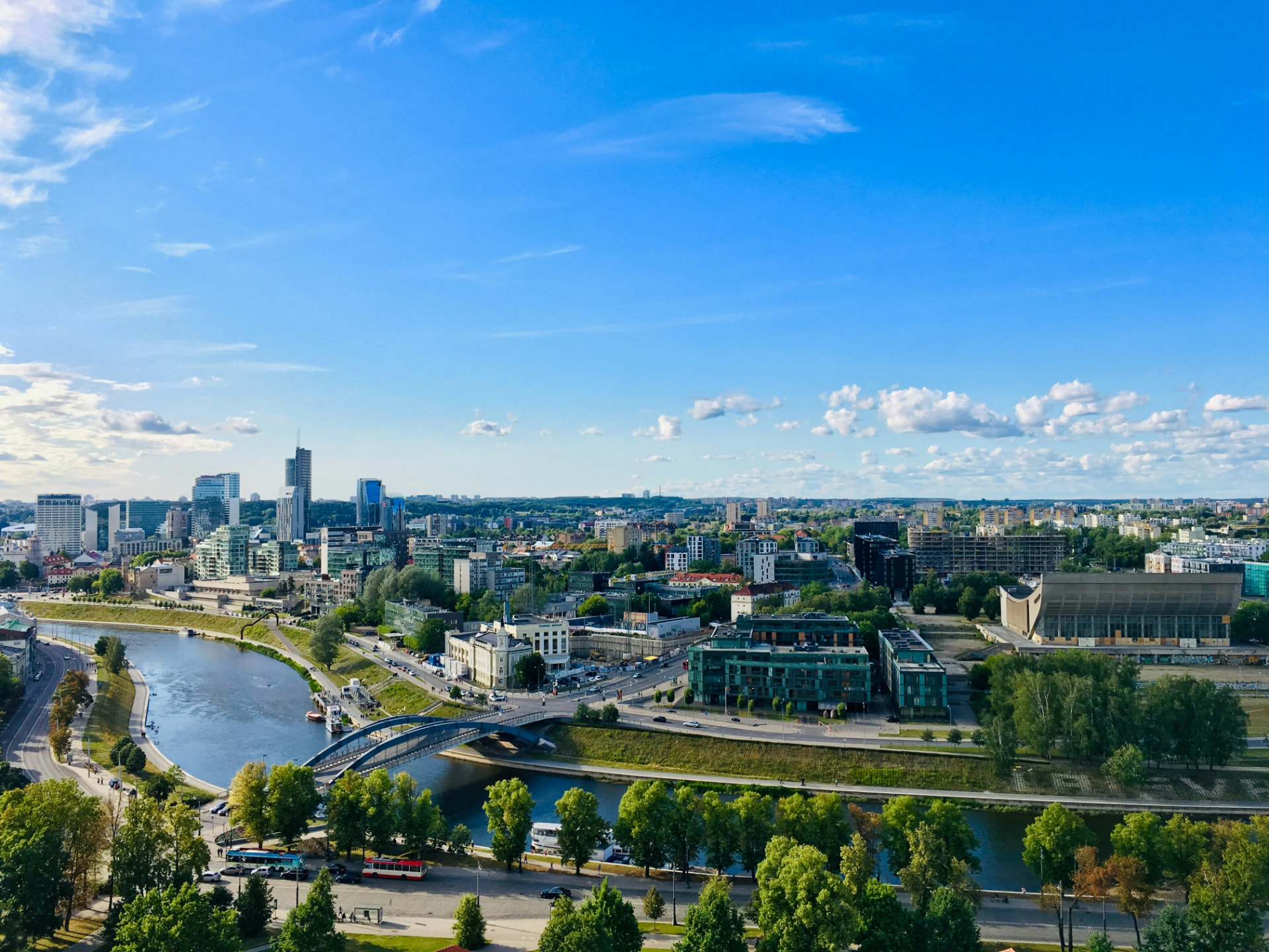 The Neris River winding through Vilnius, seen from above on a clear day