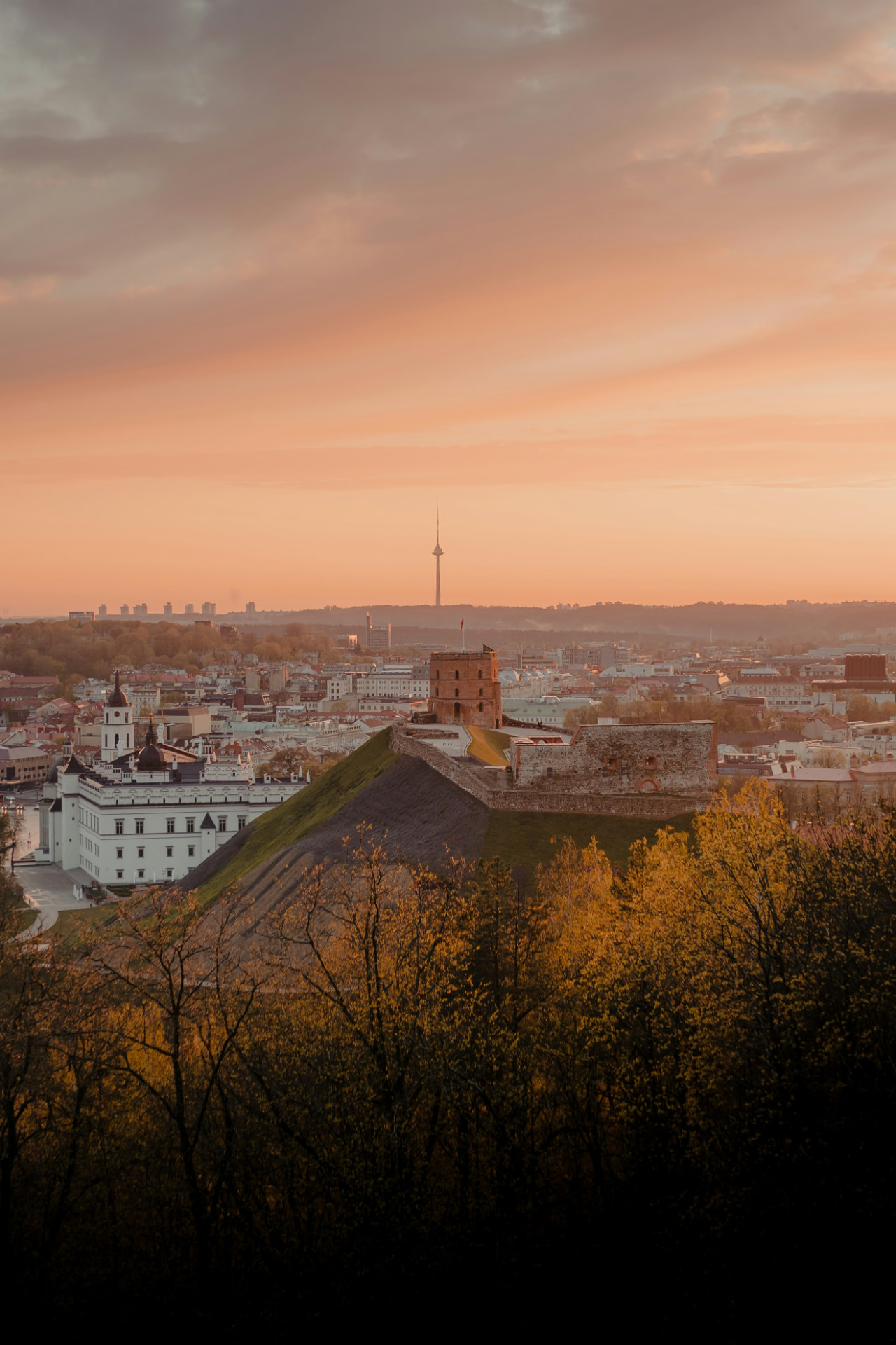 Sunset over Vilnius with Gediminas Tower above the Old Town